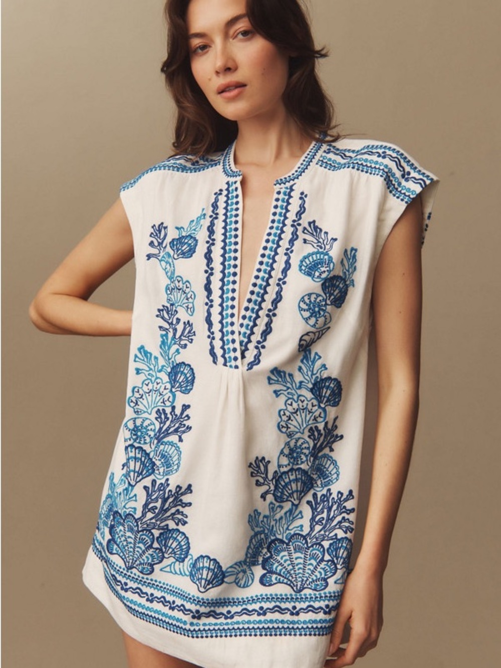 Maeve Embroidered Blue & White Sleeveless Women's Tunic Dress